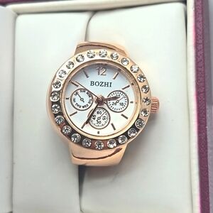 Womens Bozhi Ring Watch Rose Gold Tone Stone Bezel Stretch Band Working